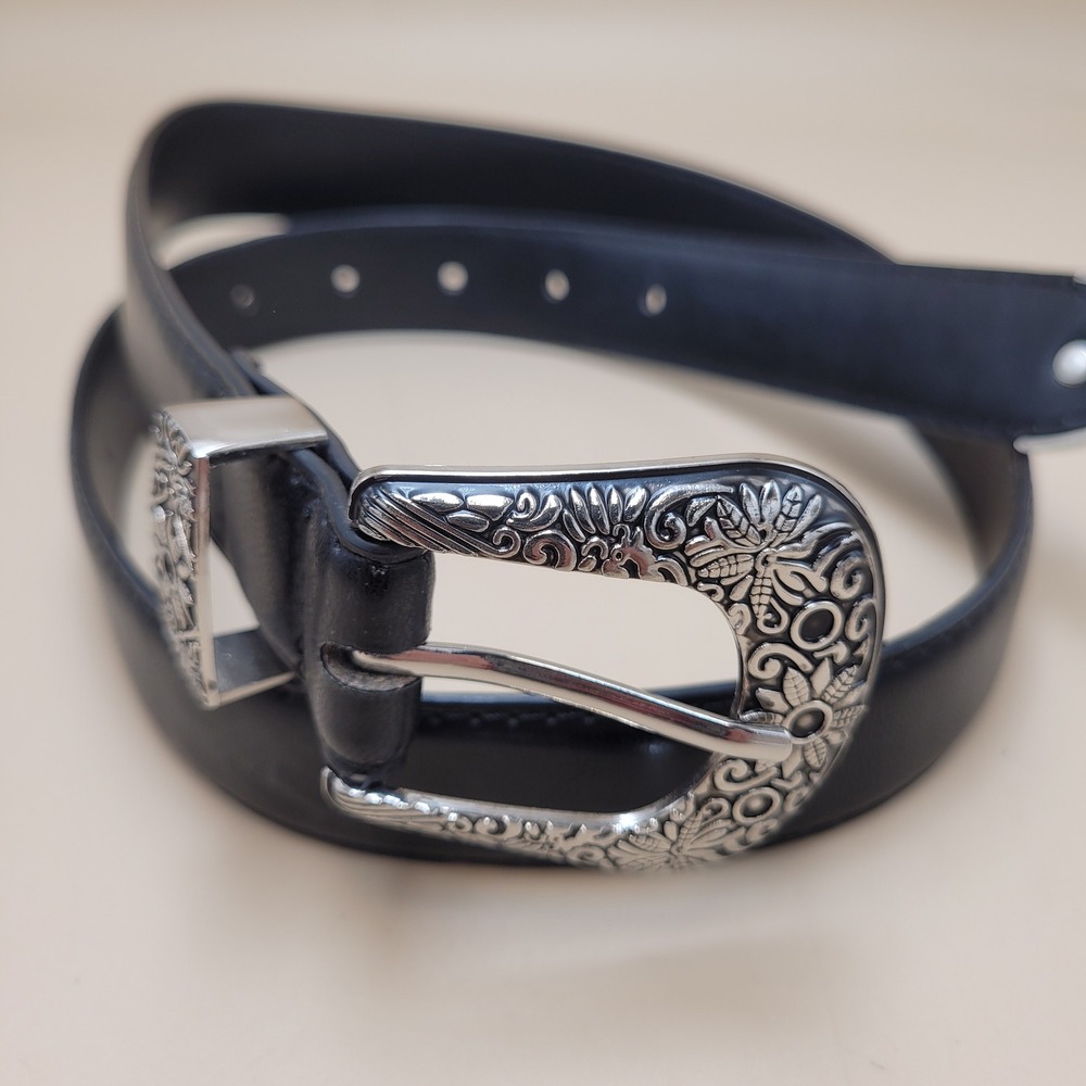 Unisex Black Western Faux Leather Belt Ornate Silver Floral Buckle Tip 38x1